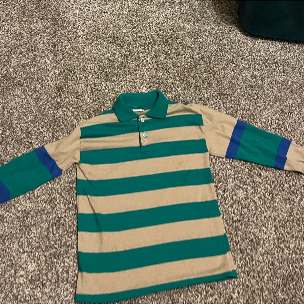 Vintage Bright Creeks Long Sleeve Rugby Shirt Tan Green Size Large 7 Made in USA